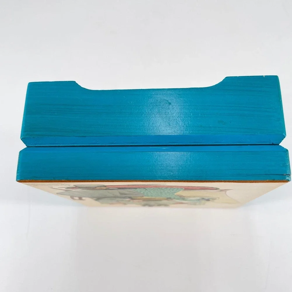 Vintage Norman Rockwell Tea for Two Wooden Music Box Sankyo Japan Blue Americana